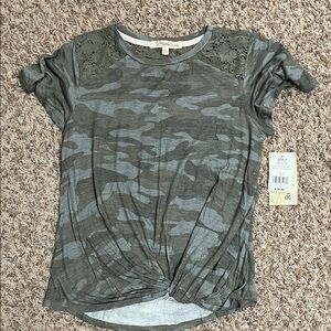 Rewind Green Camouflage Lace Accent Top